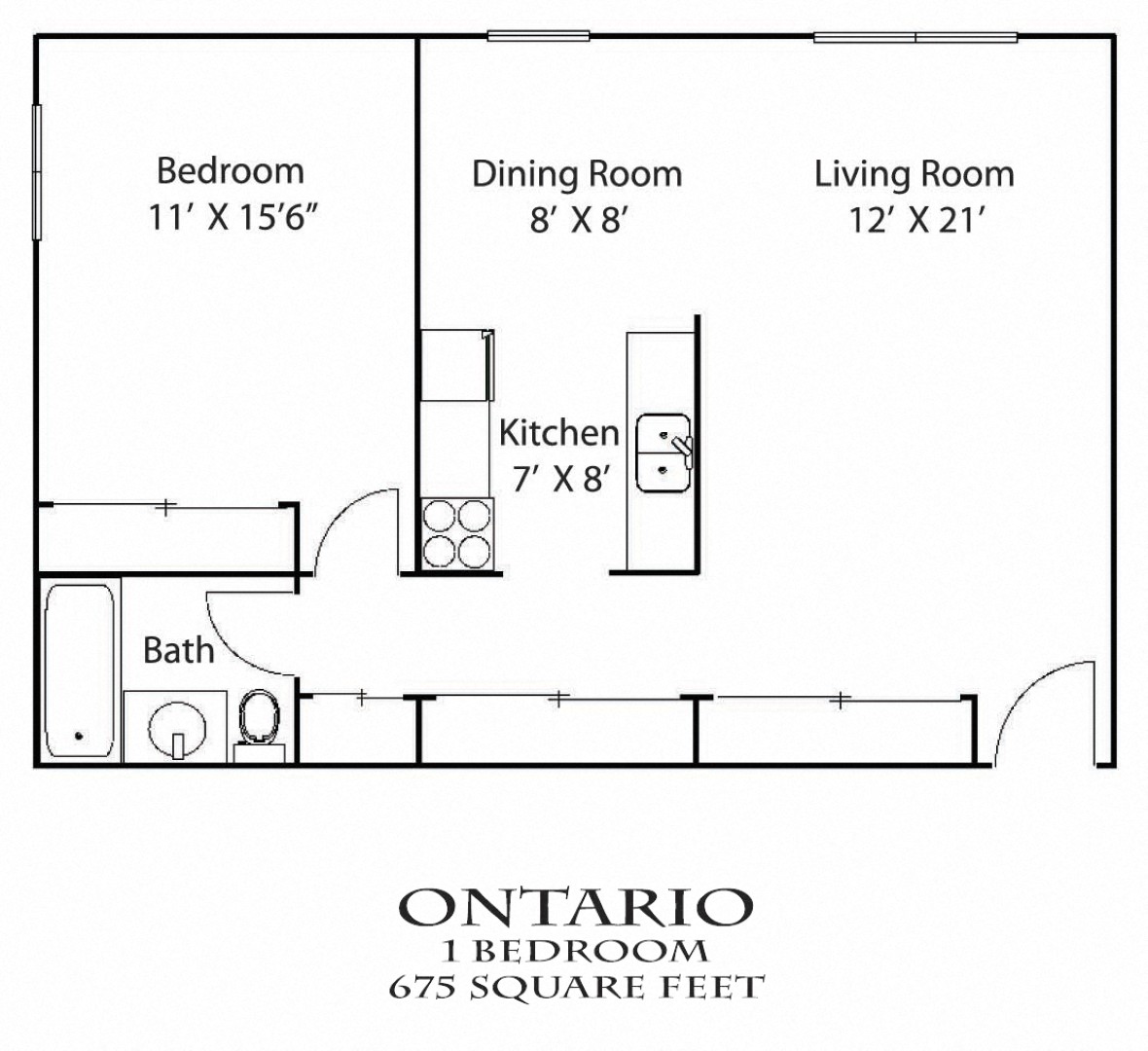 Floor plan for 1 bed, 1 bath, 775 sqft